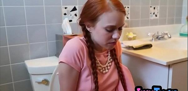  Tiny redhead stuck on the toilet then gets fucked hard